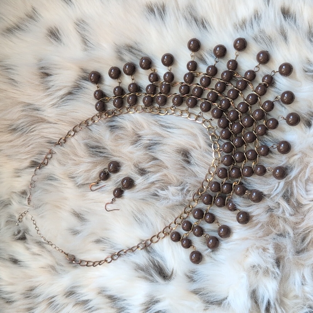 Brown Beaded Statement Necklace and Earring Set